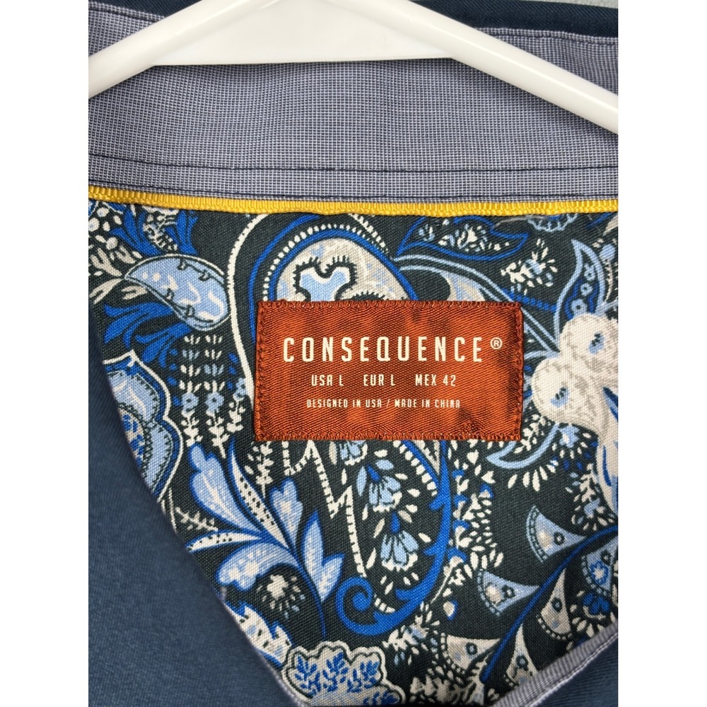 Consequence Mens Navy Blue Paisley Trim Long Sleeve Button Down Shirt Large - Picture 4 of 10